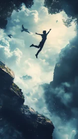 Sky-drunk dreamer tumbles upward between clouds and cliffs