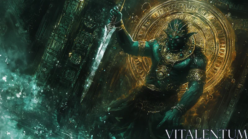 Mythic armored figure before ornate golden circular portal.