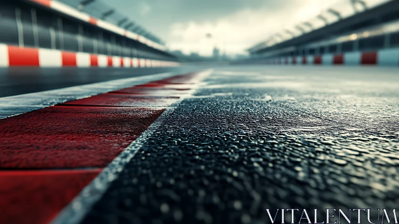Wet racing circuit curb with close asphalt texture view.