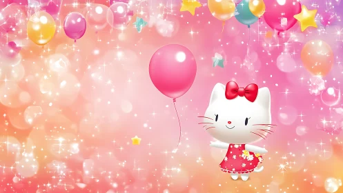 Hello Kitty 3D Character with Pink Balloon in Pastel Gradient Scene
