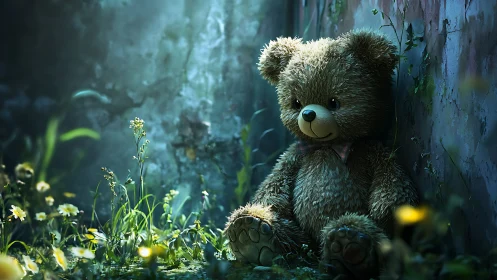 Stuffed bear seated in overgrown outdoor corner at wall.