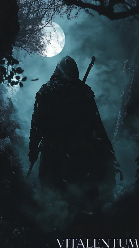 Lunar backlit cloaked swordsman in volumetric forest fog.