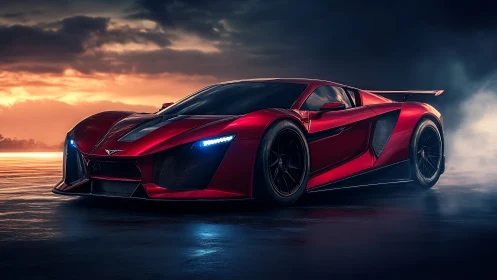 Red futuristic supercar on wet track at dramatic sunset.