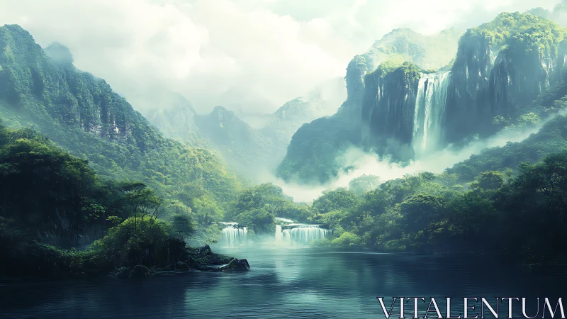 Misty green mountains with layered waterfalls and river.