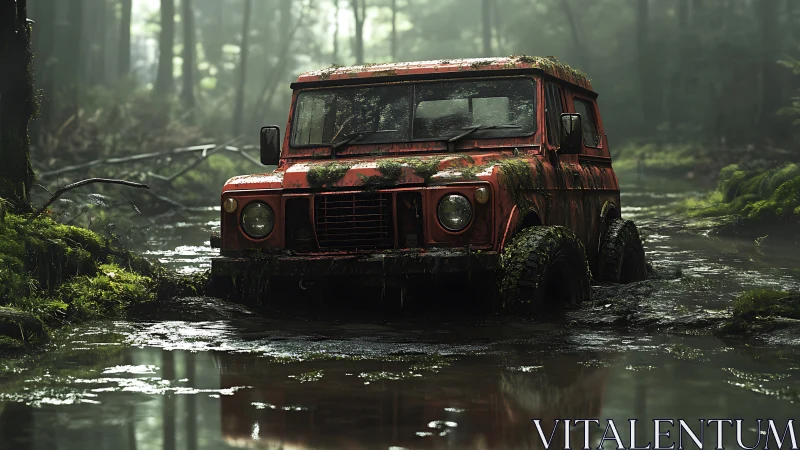 Abandoned red off-road truck sinks into a misty forest bog