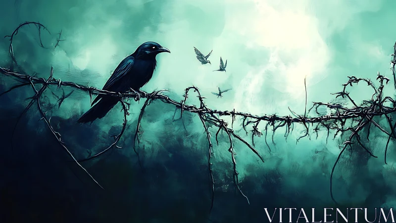Dark corvid on thorny branch rendered in high contrast teal atmosphere
