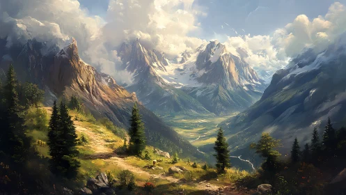 Sunlit alpine valley unfolds beneath towering peaks.