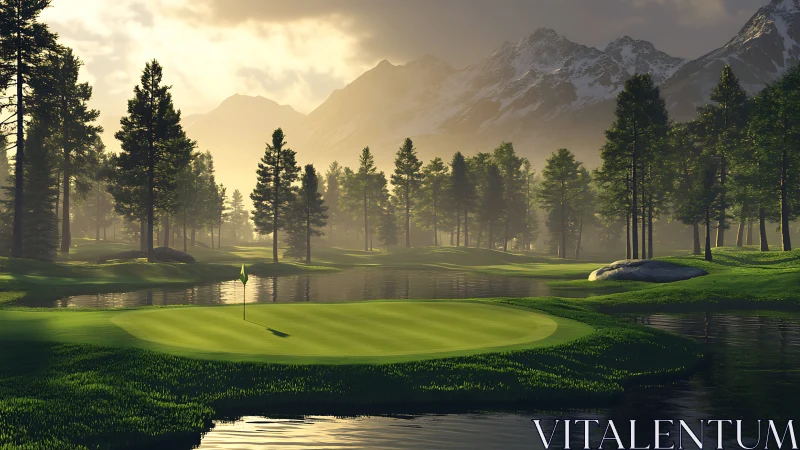 Gentle sunrise golf green wrapped in misty mountain calm.