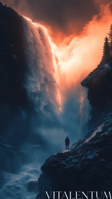 Solitary figure beneath blazing twilight waterfall glow.