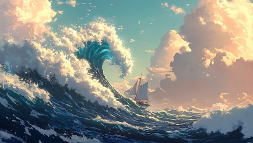 Sailing ship cuts storm-sculpted wave under golden clouds.