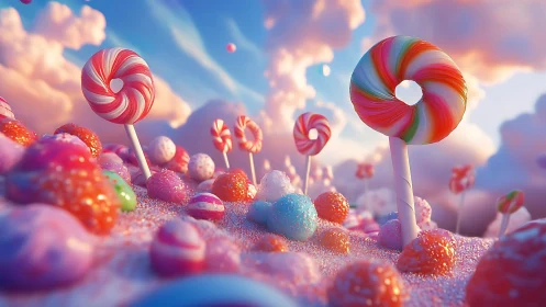 Luminous Candy Landscape: Oversized Lollipops Against Cloud-Filled Sky.