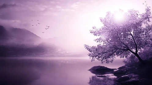Lavender dawn over misty lake with lone flowering tree.