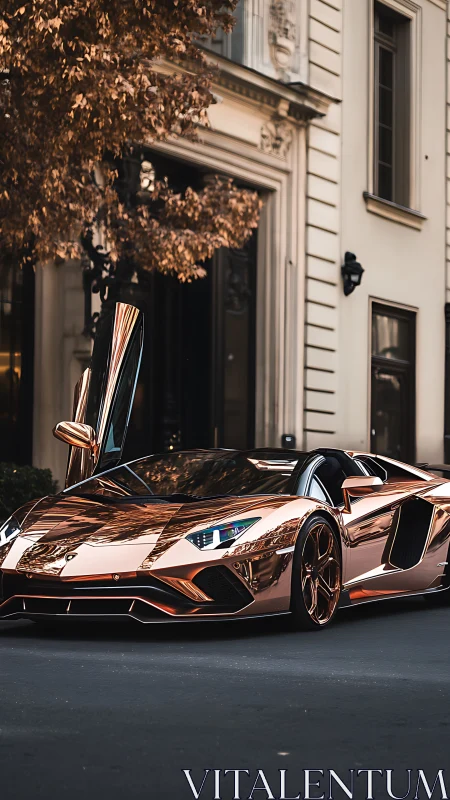 Rose gold supercar parked by ornate city building.
