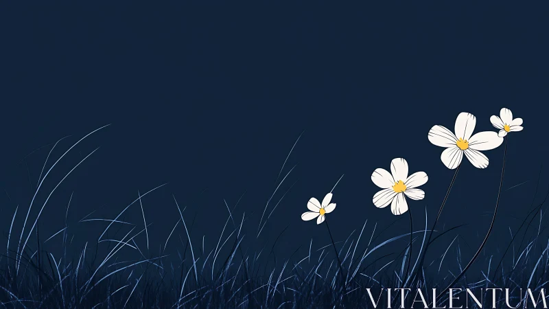 White Flowers Against Dark Blue Meadow.