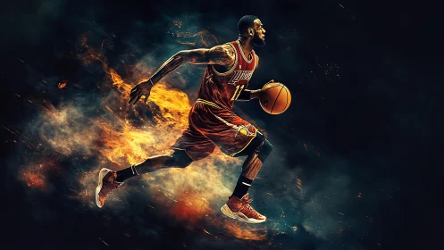 Basketball player in midair drive with fiery visual effects.