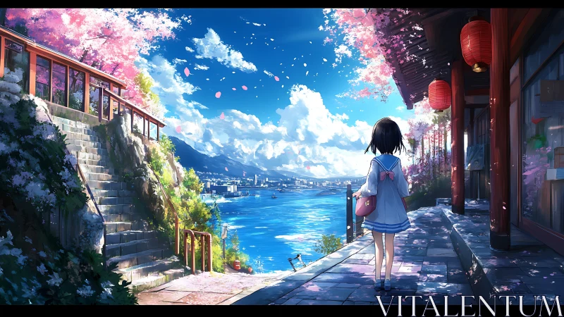 Spring riverside walk with schoolgirl under cherry petals.