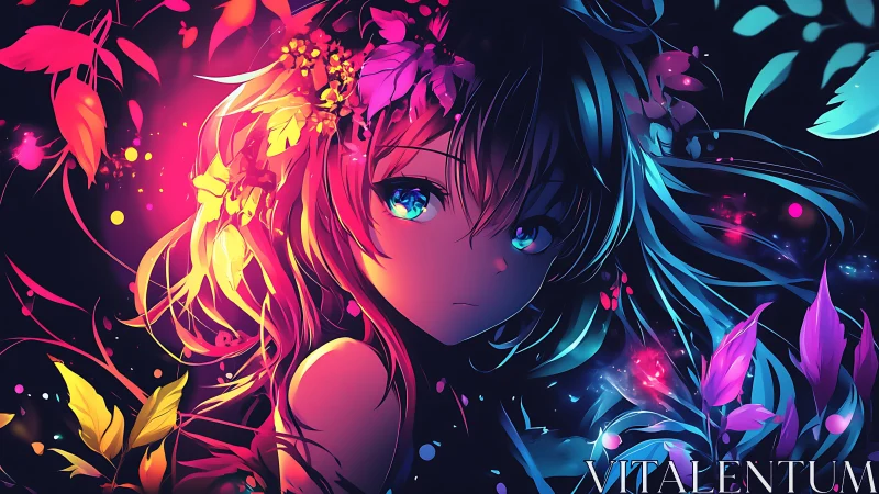 Neon-lit anime girl portrait with abstract floral elements.