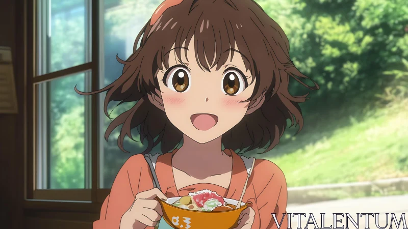 Smiling brown haired anime girl holding colorful dessert bowl