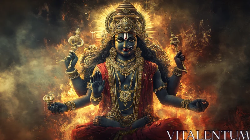Four-armed blue-skinned deity seated amid intense flames