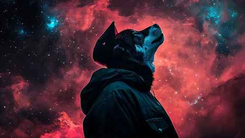 Cosmic canine in neon nebula gazes toward distant stars.