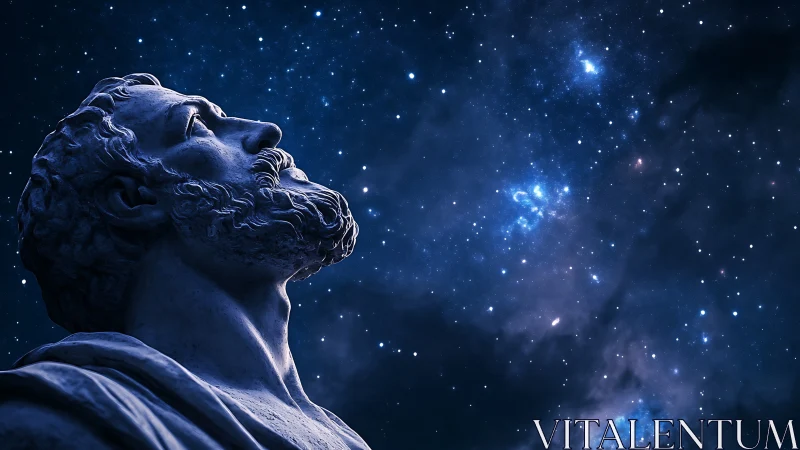 Marble philosopher profile gazes into a deep blue starfield
