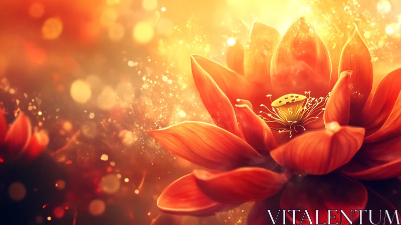 Glowing Red Lotus with Golden Light Particles