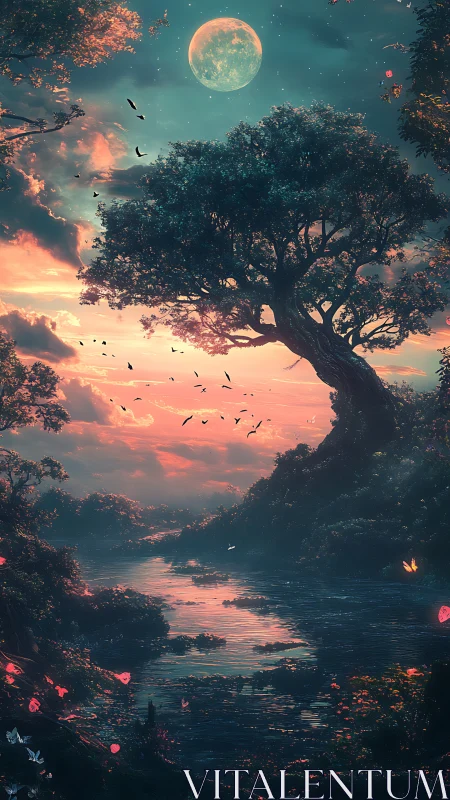 Lunar-lit river valley with twisted tree at chromatic dusk