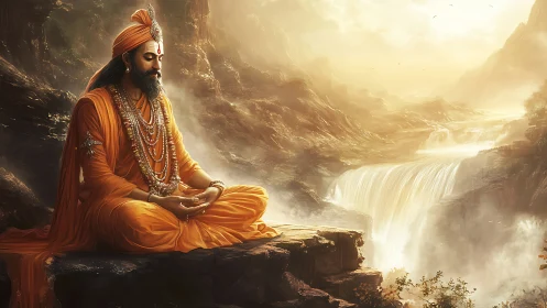 Serene sage meditates above luminous sacred mountain falls