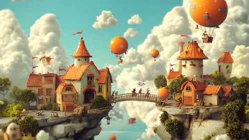 Floating village structures connect by bridge amid clouds