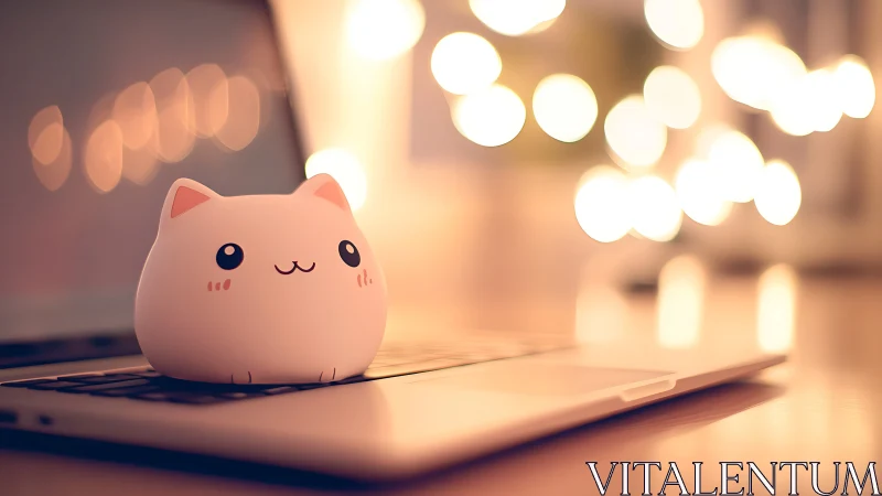 Cozy desk cat lamp glowing softly over evening laptop.