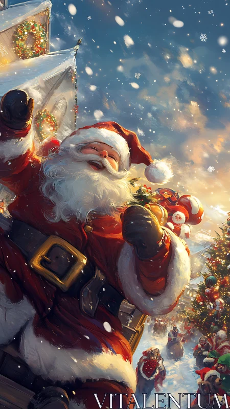 Joyful Santa in snowy Christmas village scene.