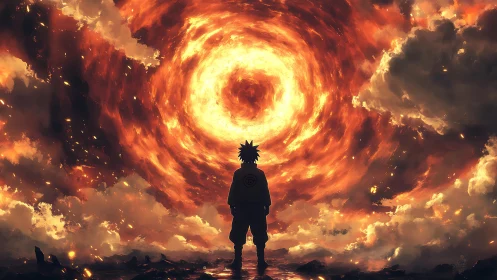 Swirling fiery sky opens as a lone hero faces the storm
