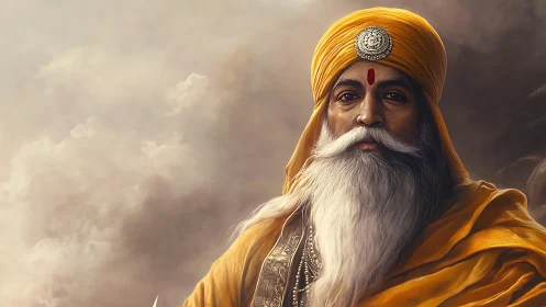 Golden-turbaned sage gazes through storm-kissed sacred skies.