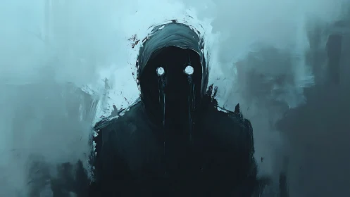 Hooded shadow with glowing eyes in soft blue fog.