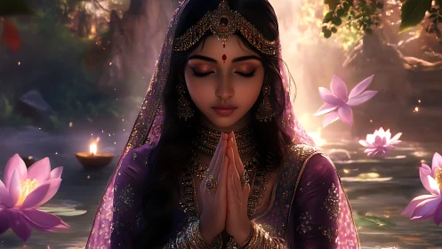 Serene woman in traditional dress meditating by water.