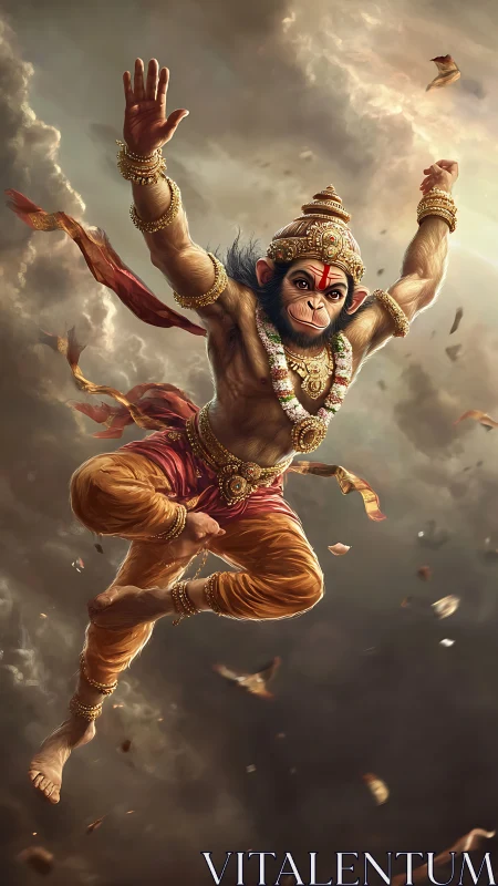 Hanuman warrior leaps through stormlit divine clouds.