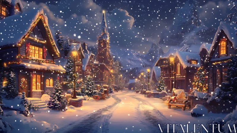 Snowfall transforms a cozy Christmas village into glowing magic