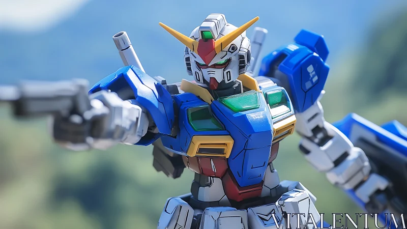 Mecha model in dynamic outdoor pose under shallow depth of field