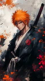 Orange haired swordsman in black robe with abstract splashes.