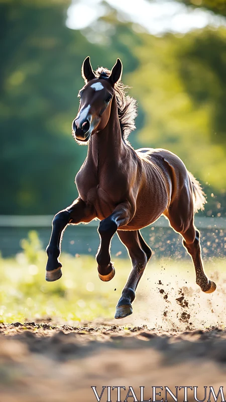Galloping bay foal kicking up dust on sunlit country track.