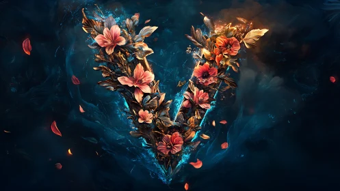 Floral letter V in luminous teal void, digital painting focus.