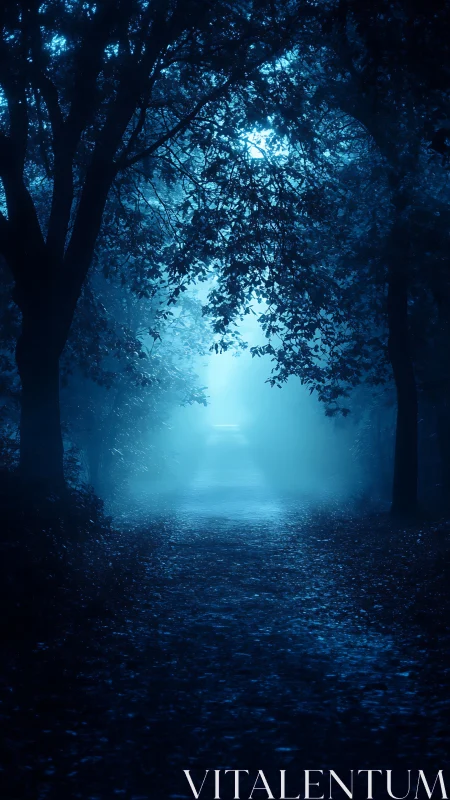 Moonlit fog path under dense forest canopy at night.