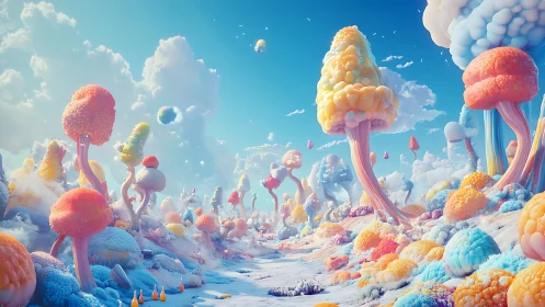 Surreal pastel landscape with bulbous tree-like formations.