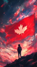 Backlit lone hiker beneath monumental Canadian flag at dusk