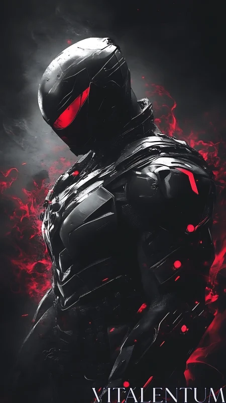 Cybernetic dark knight in black armor with red energy glow.