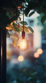 Warm hanging bulb among green leaves near window at dusk.