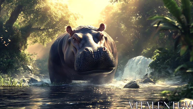 Sunlit river monarch, the hippo strolls through misted falls