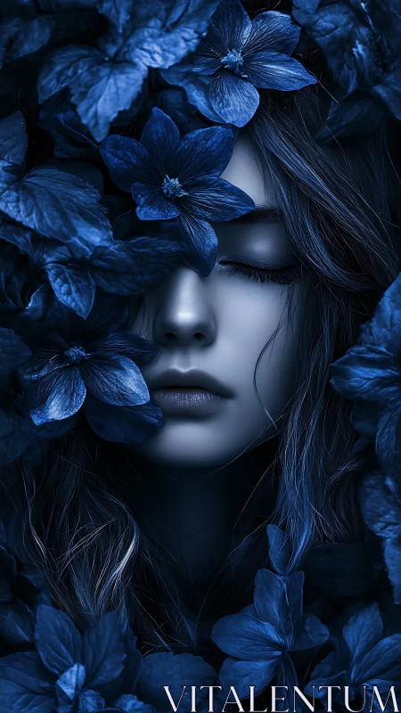 Nocturnal portrait immersed in deep blue floral canopy.