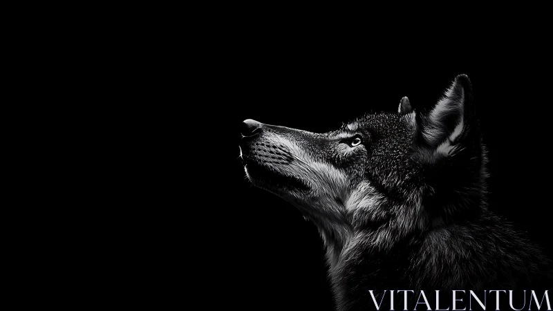 Monochrome wolf profile in dramatic low key composition.