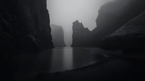 Monolithic sea stacks in fog rendered as moody photorealism